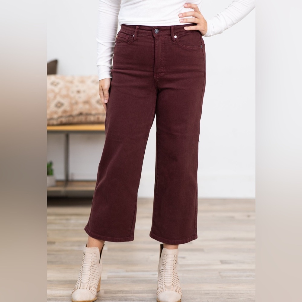 Judy Blue High Waisted Tummy Control Oxblood Red Wide Leg Cropped Jeans - Picture 3 of 11